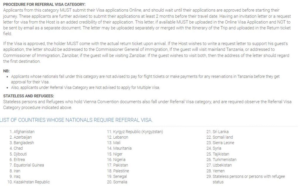 LIST OF COUNTRIES WHOSE NATIONALS REQUIRE REFERRAL VISA